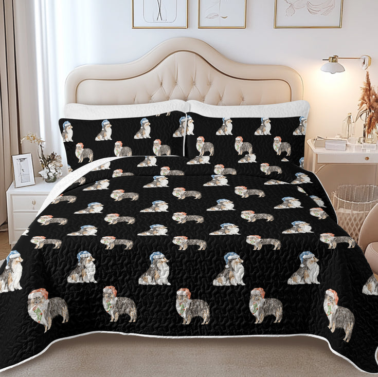 Watercolor Tri Color Shelties Collies Christmas Quilted Bedding Set-Bedding-Bedding,Blankets,Christmas,Home Decor-10