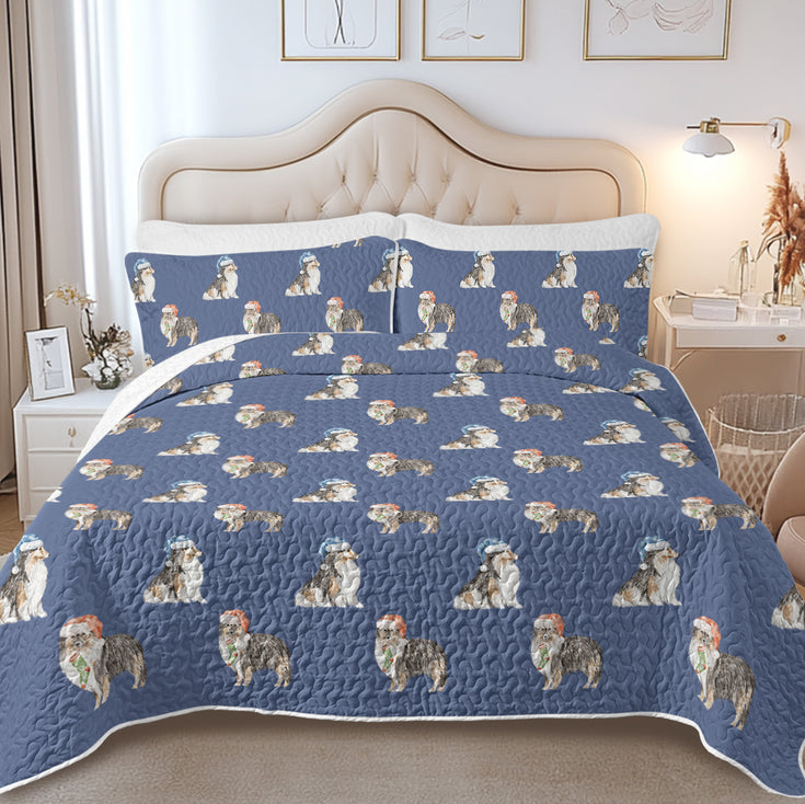 Watercolor Tri Color Shelties Collies Christmas Quilted Bedding Set-Bedding-Bedding,Blankets,Christmas,Home Decor-12