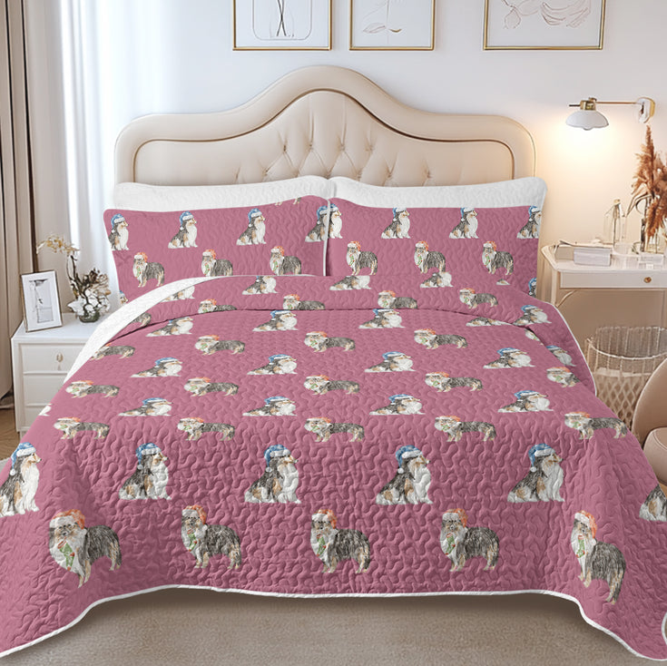 Watercolor Tri Color Shelties Collies Christmas Quilted Bedding Set-Bedding-Bedding,Blankets,Christmas,Home Decor-13