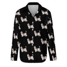 Load image into Gallery viewer, Watercolor Tricolor Basset Hounds Women&#39;s Shirt-Apparel-Apparel, Basset Hound, Dog Mom Gifts, Shirt-Midnight Black-S-11