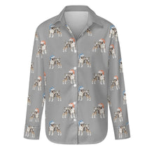 Load image into Gallery viewer, Watercolor Tricolor Bull Terriers Christmas Women&#39;s Shirt-Apparel-Apparel, Bull Terrier, Christmas, Dog Mom Gifts, Shirt-Parisian Gray-S-35