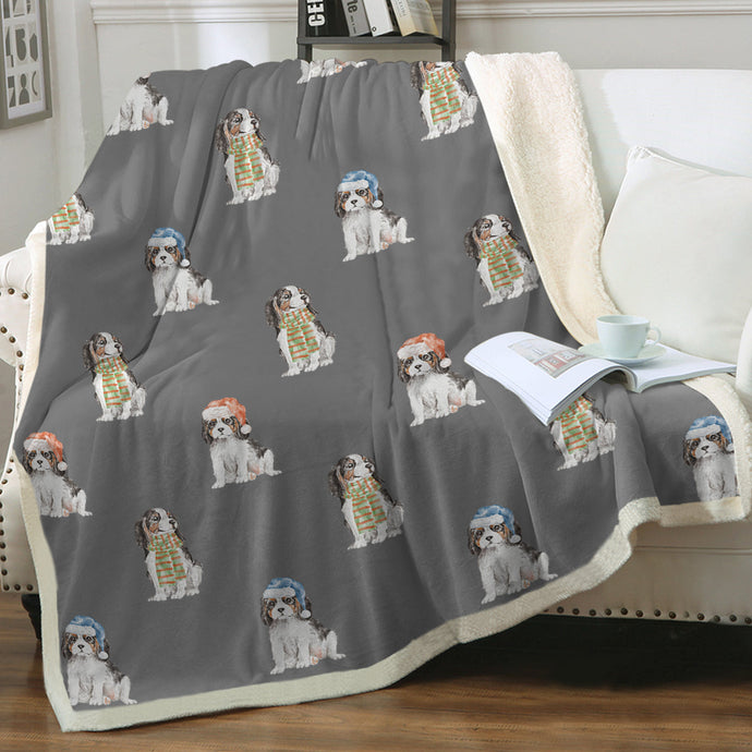 Watercolor Tricolor King Charles Spaniels Christmas Blanket - 8 Colors-Blanket-Bedding, Blankets, Cavalier King Charles Spaniel, Christmas, Home Decor-10