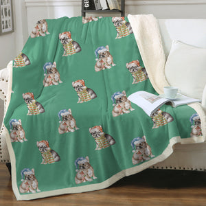 Watercolor Tricolour French Bulldogs Christmas Fleece Blanket - 8 Colors-Blanket-Bedding, Blankets, Christmas, French Bulldog, Home Decor-6