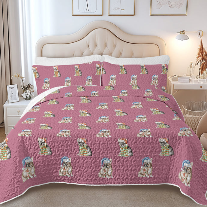Watercolor Tricolour French Bulldogs Christmas Quilted Bedding Set-Bedding-Bedding,Blankets,Christmas,Home Decor-8