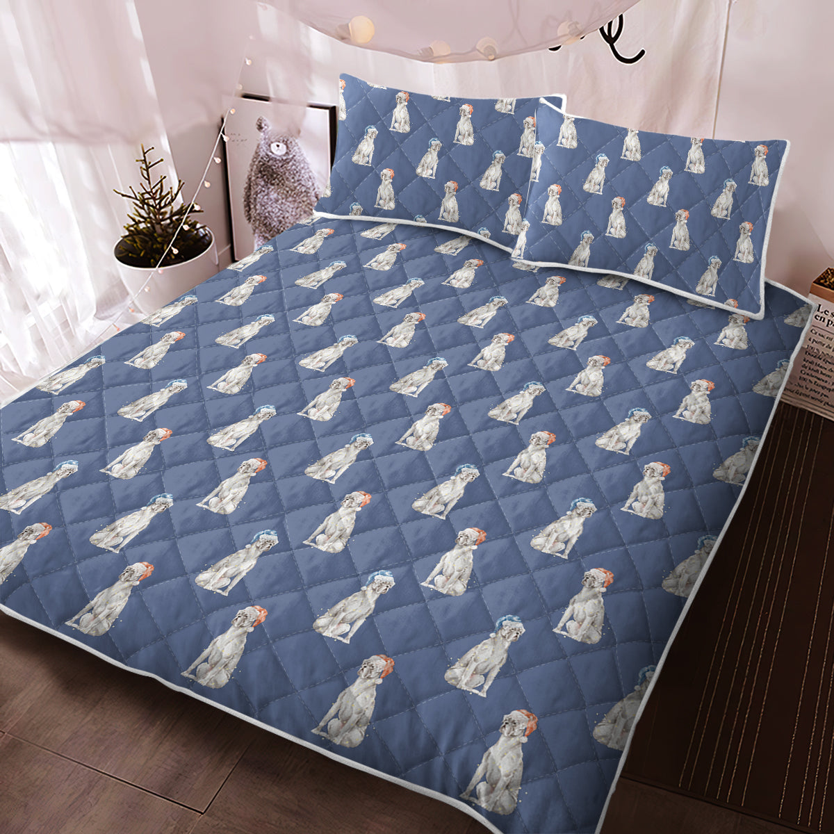 Watercolor White Boxer Dogs Christmas Quilted Bedding Set 7