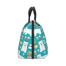Load image into Gallery viewer, Side image of West Highland Terrier lunch bag in the cutest West Highland Terriers and coffee design.
