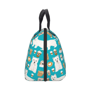 Side image of West Highland Terrier lunch bag in the cutest West Highland Terriers and coffee design.
