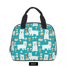 Load image into Gallery viewer, Back image of West Highland Terrier lunch bag in the cutest West Highland Terriers and coffee design.