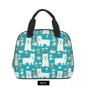 Back image of West Highland Terrier lunch bag in the cutest West Highland Terriers and coffee design.