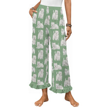 Load image into Gallery viewer, Westie Pajama Pants for Women - Ruffle Hem Design - Watercolor Symphony Westies-Pajamas-Apparel,Dog Mom Gifts,Pajamas,West Highland Terrier-Green-S-14