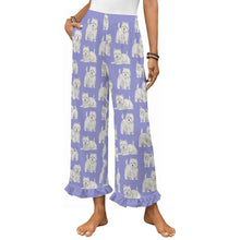 Load image into Gallery viewer, Westie Pajama Pants for Women - Ruffle Hem Design - Watercolor Symphony Westies-Pajamas-Apparel,Dog Mom Gifts,Pajamas,West Highland Terrier-Lavender-S-1