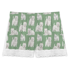 Load image into Gallery viewer, Westie Shorts for Women - Lace Trim Design - Watercolor Symphony Westies-Pajamas-Apparel,Dog Mom Gifts,Pajamas,West Highland Terrier-11