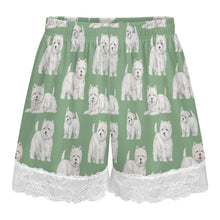 Load image into Gallery viewer, Westie Shorts for Women - Lace Trim Design - Watercolor Symphony Westies-Pajamas-Apparel,Dog Mom Gifts,Pajamas,West Highland Terrier-12