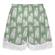 Load image into Gallery viewer, Westie Shorts for Women - Lace Trim Design - Watercolor Symphony Westies-Pajamas-Apparel,Dog Mom Gifts,Pajamas,West Highland Terrier-13