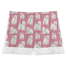 Load image into Gallery viewer, Westie Shorts for Women - Lace Trim Design - Watercolor Symphony Westies-Pajamas-Apparel,Dog Mom Gifts,Pajamas,West Highland Terrier-16