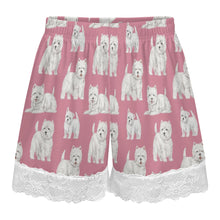 Load image into Gallery viewer, Westie Shorts for Women - Lace Trim Design - Watercolor Symphony Westies-Pajamas-Apparel,Dog Mom Gifts,Pajamas,West Highland Terrier-17