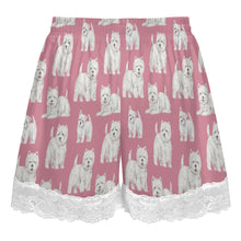 Load image into Gallery viewer, Westie Shorts for Women - Lace Trim Design - Watercolor Symphony Westies-Pajamas-Apparel,Dog Mom Gifts,Pajamas,West Highland Terrier-18