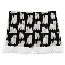 Load image into Gallery viewer, Westie Shorts for Women - Lace Trim Design - Watercolor Symphony Westies-Pajamas-Apparel,Dog Mom Gifts,Pajamas,West Highland Terrier-20