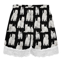 Load image into Gallery viewer, Westie Shorts for Women - Lace Trim Design - Watercolor Symphony Westies-Pajamas-Apparel,Dog Mom Gifts,Pajamas,West Highland Terrier-21