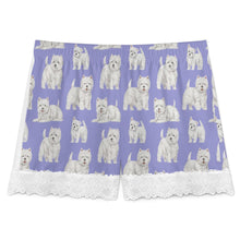 Load image into Gallery viewer, Westie Shorts for Women - Lace Trim Design - Watercolor Symphony Westies-Pajamas-Apparel,Dog Mom Gifts,Pajamas,West Highland Terrier-4