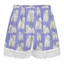 Load image into Gallery viewer, Westie Shorts for Women - Lace Trim Design - Watercolor Symphony Westies-Pajamas-Apparel,Dog Mom Gifts,Pajamas,West Highland Terrier-5