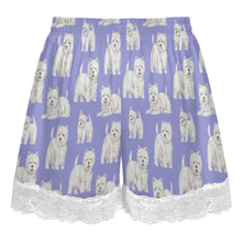 Load image into Gallery viewer, Westie Shorts for Women - Lace Trim Design - Watercolor Symphony Westies-Pajamas-Apparel,Dog Mom Gifts,Pajamas,West Highland Terrier-6