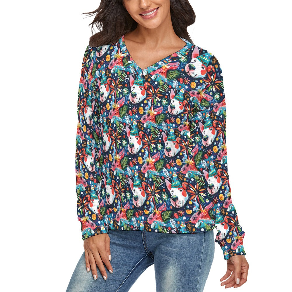 Whimsical Pit Bull Party Palette Womens V Neck Christmas Sweater 3