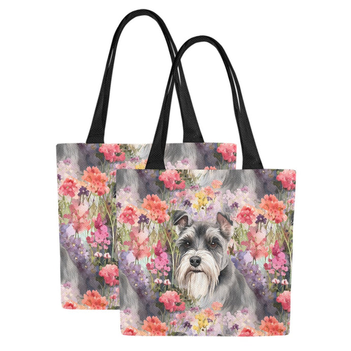 Whimsical Schnauzer in Bloom Large Canvas Tote Bags-4