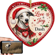 Load image into Gallery viewer, Whippet Christmas Ornament - Love &amp; Joy Heart Shaped Portrait - Personalize with Photo and Name-Christmas Ornament-Christmas,Christmas Ornament,Personalize Artwork,Whippet-1
