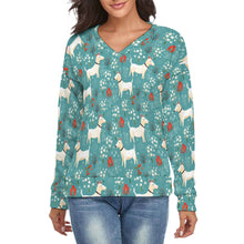 Load image into Gallery viewer, White Bull Terrier Springtime Splendor Women&#39;s V-Neck Christmas Sweater-Apparel-Apparel,Bull Terrier,Christmas,Dog Mom Gifts,Sweater,Sweatshirt-S-2