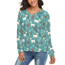 Load image into Gallery viewer, White Bull Terrier Springtime Splendor Women&#39;s V-Neck Christmas Sweater-Apparel-Apparel,Bull Terrier,Christmas,Dog Mom Gifts,Sweater,Sweatshirt-1