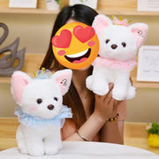 A girl with two white Chihuahua stuffed animal plush toys in small size