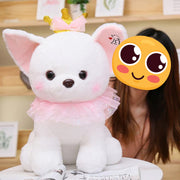 A girl with one white Chihuahua stuffed animal plush toys with pink costume