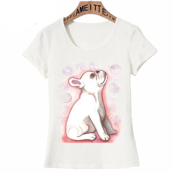 Image of french bulldog t-shirt in a super cute white French Bulldog with a pink highlight design