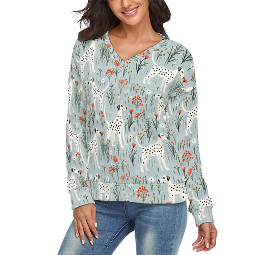 Wildflower Meadow Dalmatians Delight Women's V-Neck Christmas Sweater-Apparel-Apparel,Christmas,Dalmatian,Dog Mom Gifts,Sweater,Sweatshirt-1