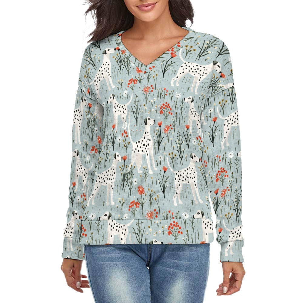 Wildflower Meadow Dalmatians Delight Women's V-Neck Christmas Sweater-Apparel-Apparel,Christmas,Dalmatian,Dog Mom Gifts,Sweater,Sweatshirt-S-2