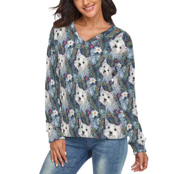 Winter Garden Westie Women's V-Neck Christmas Sweater-Apparel-Apparel,Christmas,Dog Mom Gifts,Sweater,Sweatshirt,West Highland Terrier-4