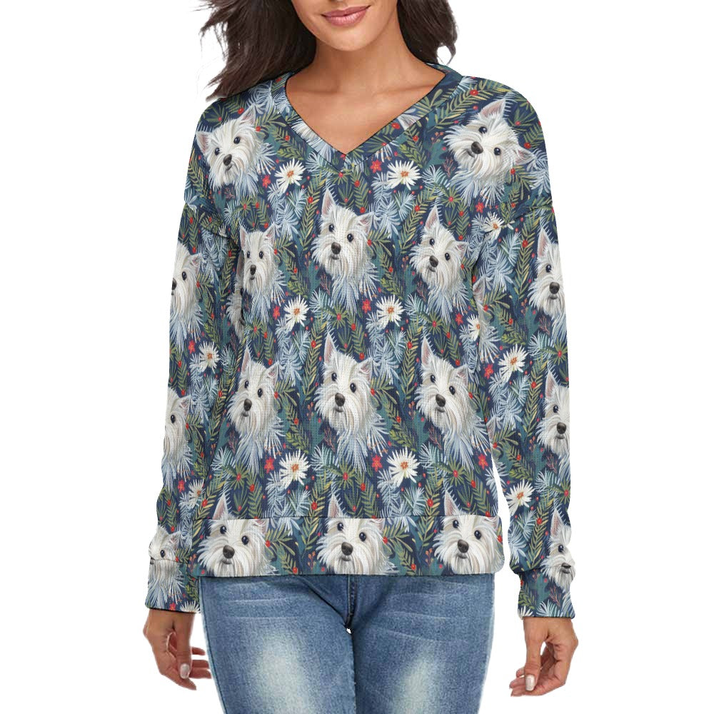 Winter Garden Westie Women's V-Neck Christmas Sweater-Apparel-Apparel,Christmas,Dog Mom Gifts,Sweater,Sweatshirt,West Highland Terrier-S-White7-1