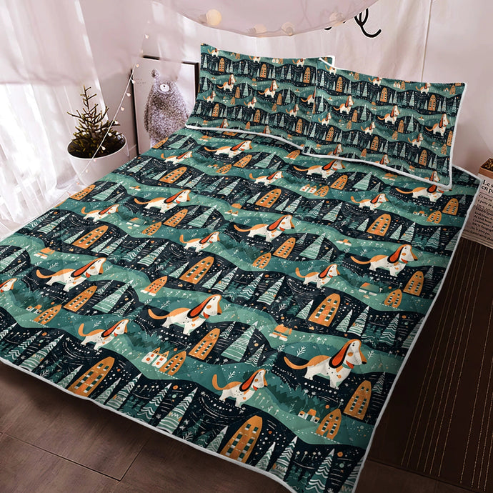 Winter Village Basset Hounds Christmas Quilt Blanket Bedding Set-Bedding-Basset Hound, Bedding, Blankets, Christmas, Home Decor-1