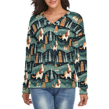 Load image into Gallery viewer, Winter Village Basset Hounds Women&#39;s V-Neck Christmas Sweater-Apparel-Apparel,Basset Hound,Christmas,Dog Mom Gifts,Sweater,Sweatshirt-S-2