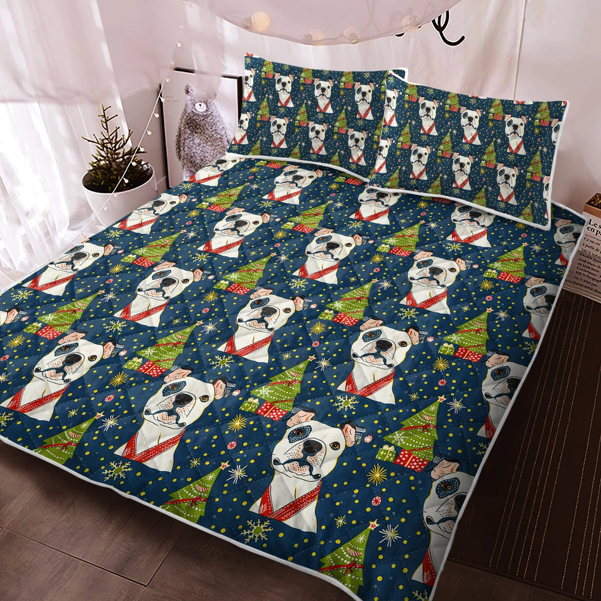 Winter Whimsy Pit Bull Christmas Quilt Blanket Bedding Set