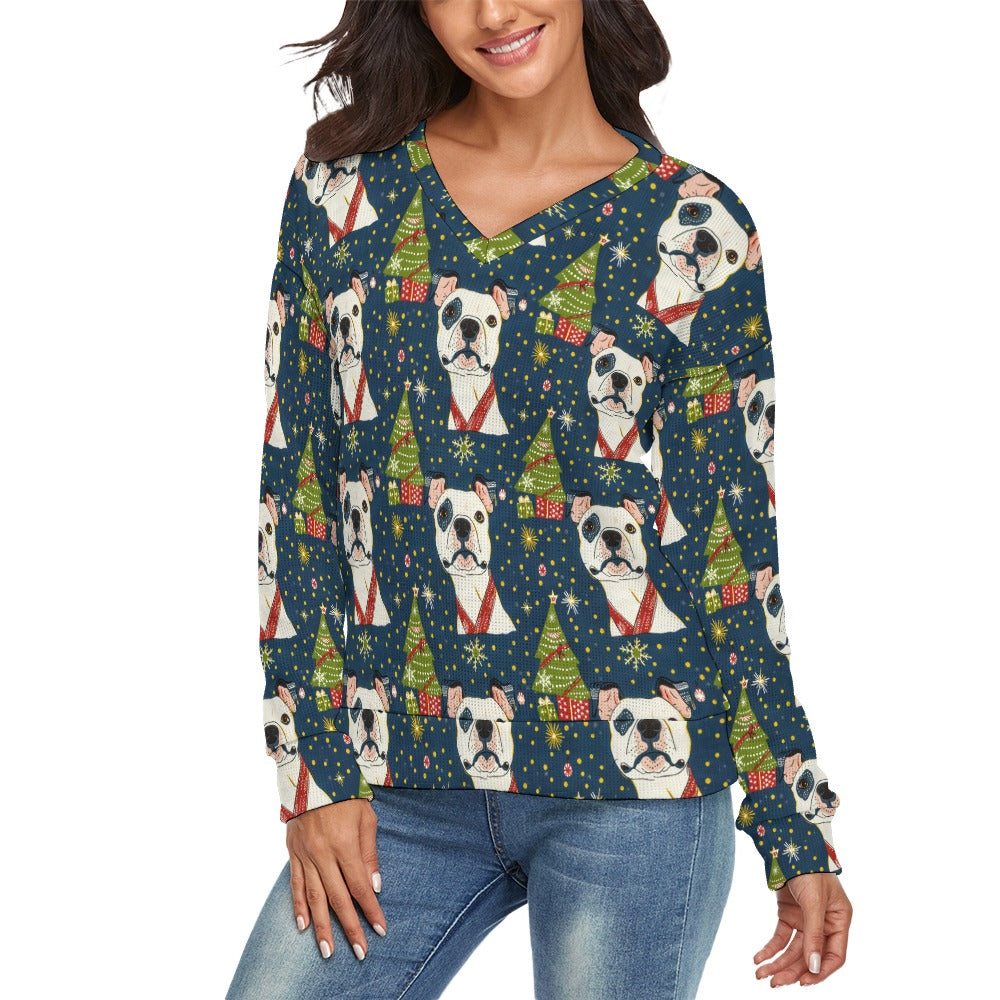 Winter Whimsy Pit Bull Womens V Neck Christmas Sweater 3