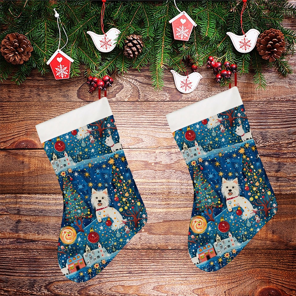 Winter Whimsy Westies Christmas Stocking-Christmas Ornament-Christmas, Home Decor, West Highland Terrier-26X42CM-White2-2