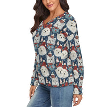 Load image into Gallery viewer, Winter Wonderland American Eskie Women&#39;s V-Neck Christmas Sweater-Apparel-American Eskimo Dog,Apparel,Christmas,Dog Mom Gifts,Sweater,Sweatshirt-3