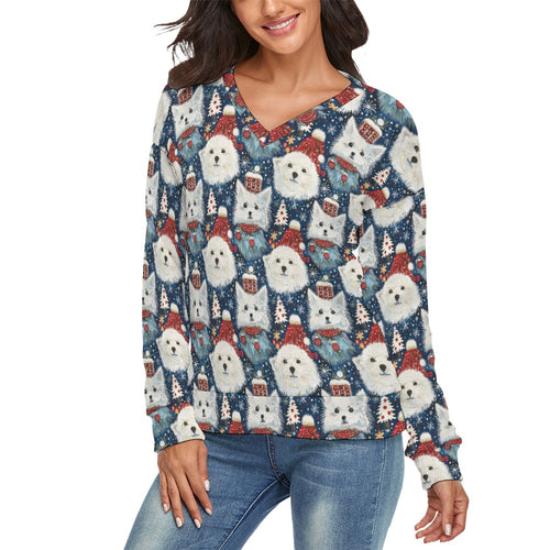 Winter Wonderland American Eskie Women's V-Neck Christmas Sweater-Apparel-American Eskimo Dog,Apparel,Christmas,Dog Mom Gifts,Sweater,Sweatshirt-1