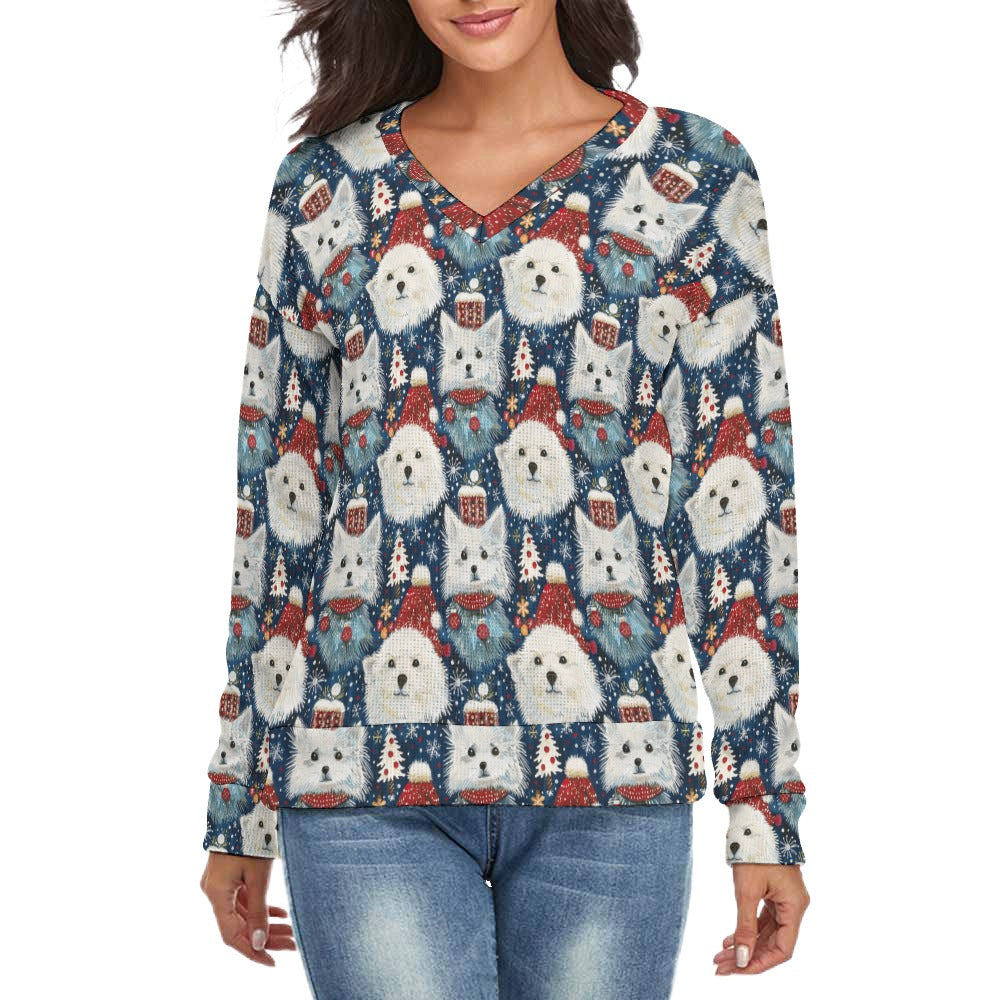 Winter Wonderland American Eskie Women's V-Neck Christmas Sweater-Apparel-American Eskimo Dog,Apparel,Christmas,Dog Mom Gifts,Sweater,Sweatshirt-S-2