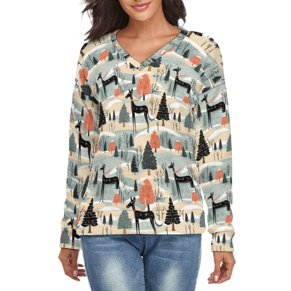 Wintry Wonderland Great Dane’s Women's V-Neck Christmas Sweater-Apparel-Apparel,Christmas,Dog Mom Gifts,Great Dane,Sweater,Sweatshirt-S-White6-1