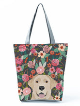 Load image into Gallery viewer, Image of a lady carrying Yellow Labrador handbag in a most adorable Yellow Labrador in bloom design