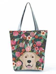 Image of a lady carrying Yellow Labrador handbag in a most adorable Yellow Labrador in bloom design