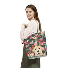 Load image into Gallery viewer, Image of a lady carrying Yellow Labrador bag in a most adorable Yellow Labrador in bloom design